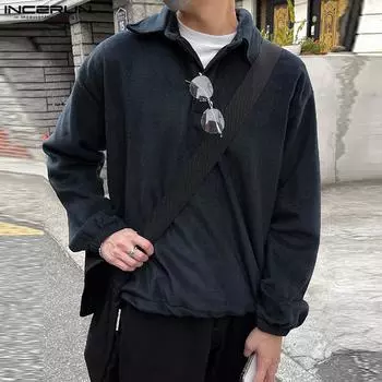 INCERUN Мужские однотонные повседневные рубашки с воротником на весну и осень, топы