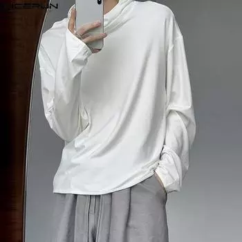 INCERUN мужские однотонные повседневные свободные пуловеры с высоким воротником и капюшоном