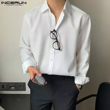 INCERUN Мужские однотонные повседневные топы на пуговицах с длинными рукавами