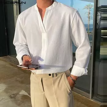 INCERUN Мужские однотонные повседневные топы с длинным рукавом и V-образным вырезом