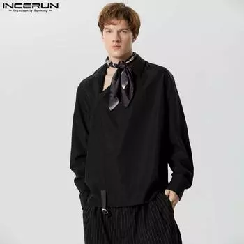 INCERUN Мужские однотонные повседневные топы с длинным рукавом и нерегулярным воротником