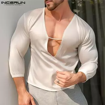 INCERUN Мужские однотонные прозрачные повседневные топы с глубоким V-образным вырезом и рукавами 3/4