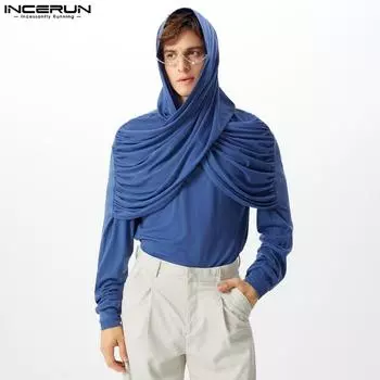 INCERUN Мужские однотонные пуловеры с длинными рукавами и капюшоном, с перекрестными оборками спереди M чёрный