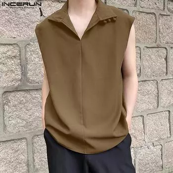 INCERUN мужские однотонные рубашки без рукавов с воротником-стойкой, повседневный жилет