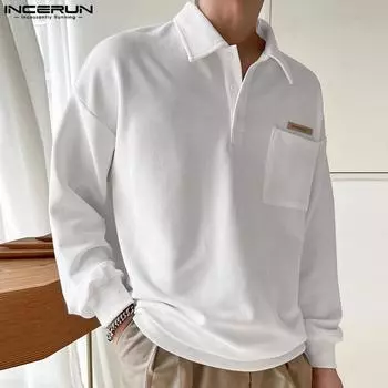INCERUN Мужские однотонные рубашки с длинным рукавом и лацканами