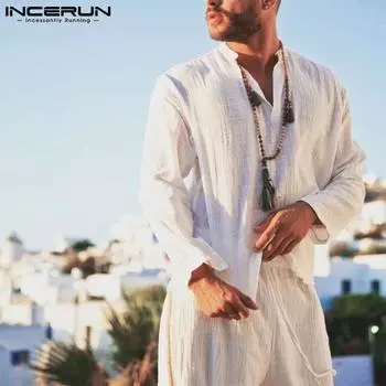 INCERUN мужские однотонные рубашки с длинным рукавом и V-образным вырезом, хлопковые льняные топы