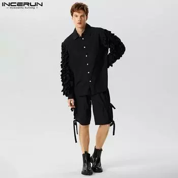 INCERUN Мужские однотонные рубашки с длинными рукавами и рюшами, комплекты коротких брюк