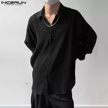 INCERUN Мужские однотонные рубашки с длинными рукавами и лацканами на пуговицах