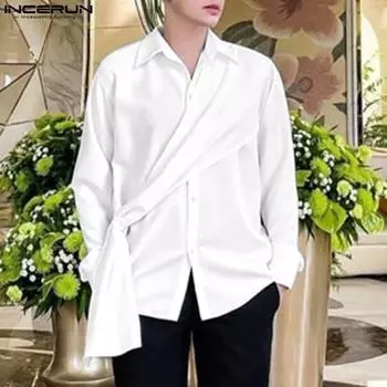 INCERUN Мужские однотонные рубашки с длинными рукавами на повязке и пуговицами