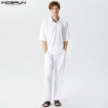 INCERUN мужские однотонные рубашки с лацканами и длинные брюки летний костюм