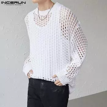 INCERUN Мужские однотонные сетчатые футболки с длинным рукавом, топы с вырезами S