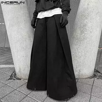 INCERUN Мужские однотонные широкие брюки на молнии, длинные мешковатые брюки S чёрный