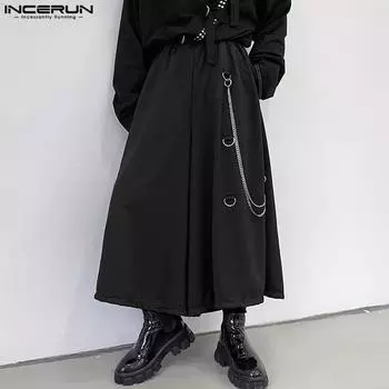 INCERUN Мужские однотонные свободные длинные широкие брюки с эластичной талией