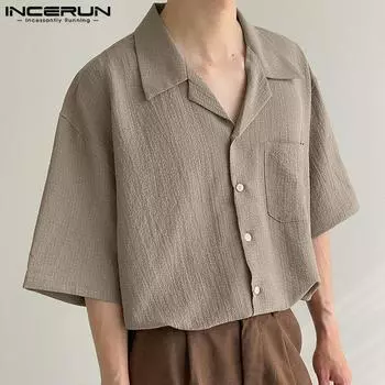 INCERUN Мужские однотонные свободные рубашки с короткими рукавами и лацканами на пуговицах