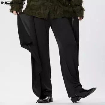 INCERUN Мужские однотонные свободные широкие брюки с высокой талией и широкими штанинами