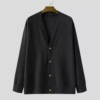 INCERUN Мужские однотонные свободные свитера с V-образным вырезом и длинным рукавом S серый