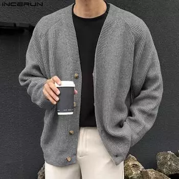 INCERUN Мужские однотонные свободные свитера с V-образным вырезом и длинным рукавом S чёрный