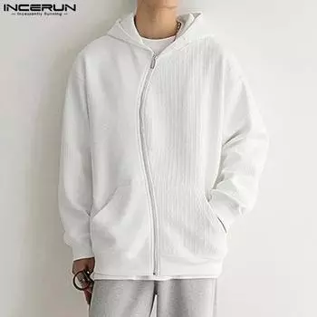 INCERUN мужские однотонные толстовки с капюшоном и застежкой-молнией с длинным рукавом