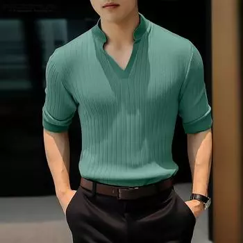 INCERUN Мужские однотонные тонкие топы с V-образным вырезом и короткими рукавами, летние футболки в рубчик S ярко-розовый