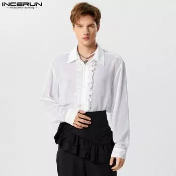 INCERUN Мужские однотонные топы с длинными рукавами и оборками 3XL зелёный