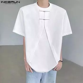 INCERUN Мужские однотонные топы с короткими рукавами, повседневные футболки в стиле с разрезом спереди M чёрный