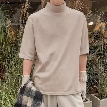 INCERUN Мужские однотонные топы с воротником-стойкой и короткими рукавами, повседневные вязаные футболки 3XL фиолетовый