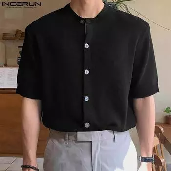 INCERUN мужские однотонные топы с воротником-стойкой на пуговицах офисные рубашки M синий