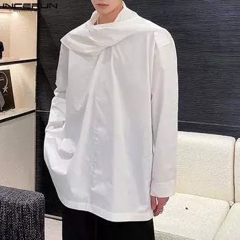 INCERUN Мужские однотонные топы с завязками на шее и длинными рукавами, повседневные свободные рубашки большого размера S чёрный