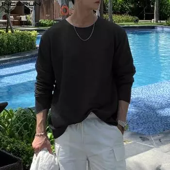 INCERUN Мужские однотонные трикотажные рубашки с длинным рукавом и круглым вырезом
