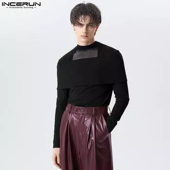 INCERUN Мужские однотонные трикотажные топы с длинными рукавами и U-образным вырезом