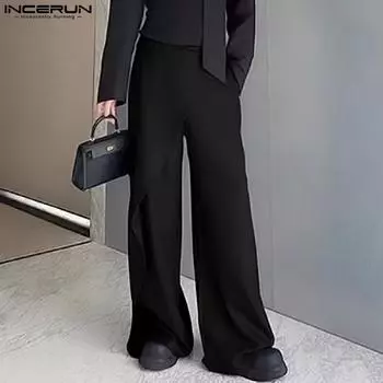 INCERUN Мужские однотонные узкие брюки на молнии, повседневные длинные брюки в деловом стиле 2XL чёрный