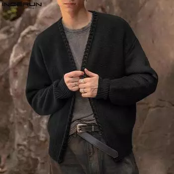 INCERUN мужские однотонные винтажные вязаные кардиганы с длинным рукавом M хаки