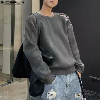 INCERUN мужские однотонные вязаные топы с длинными рукавами, свитера