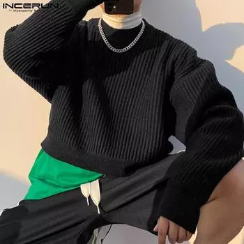 INCERUN Мужские однотонные вязаные топы с круглым вырезом и длинными рукавами, короткие свитера