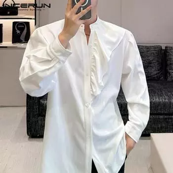 INCERUN Мужские офисные рубашки с воротником-стойкой и рюшами 4XL чёрный