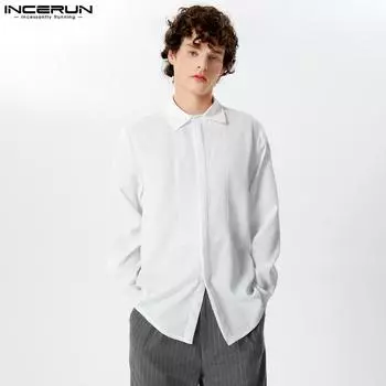 INCERUN Мужские офисные рубашки в полоску с длинным рукавом и воротником с лацканами