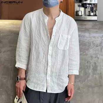 INCERUN Мужские офисные топы на пуговицах с длинными рукавами, рубашки на пуговицах S чёрный