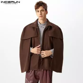 INCERUN Мужские осенне-весенние плащи с высоким воротом и теплые объемные плащи-накидки L чёрный