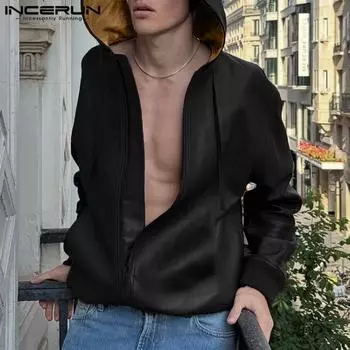 INCERUN Мужские осенне-зимние куртки из искусственной кожи с длинным рукавом, повседневные крутые пальто с капюшоном S чёрный