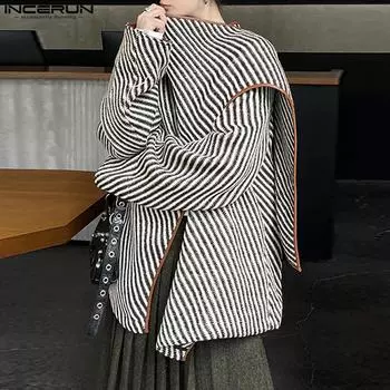 INCERUN Мужские осенне-зимние полосатые плащи повседневные свободные теплые накидки-пальто S чёрный