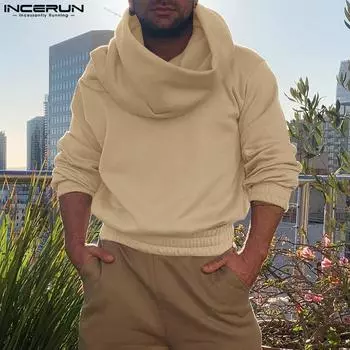 INCERUN Мужские осенне-зимние повседневные свитера с длинным рукавом и высоким воротником-хомутиком S чёрный