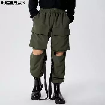 INCERUN Мужские осенние брюки-карго с эластичной резинкой на талии, однотонные, повседневные, с лоскутным узором, с отверстиями, шаровары 4XL чёрный