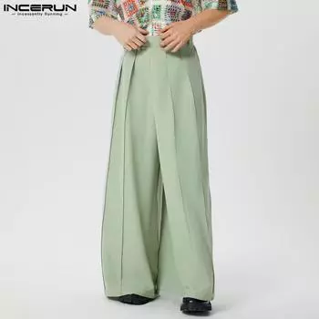 INCERUN мужские осенние длинные брюки с эластичной резинкой на талии, повседневные свободные широкие прямые брюки XL зелёный