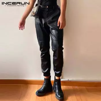 INCERUN мужские осенние однотонные длинные брюки из искусственной кожи на молнии и пуговицах