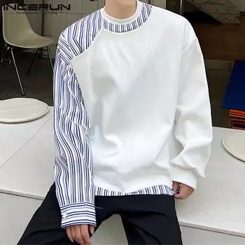 INCERUN Мужские осенние свитера с круглым вырезом и длинным рукавом в стиле пэчворк, повседневные полосатые толстовки S чёрный