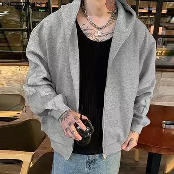 INCERUN Мужские осенние толстовки с капюшоном на молнии с длинным рукавом, повседневные толстовки S чёрный