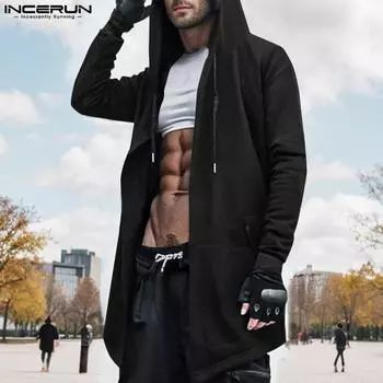 INCERUN Мужские осенние толстовки с капюшоном с открытым передом и длинным рукавом, повседневные длинные толстовки S чёрный