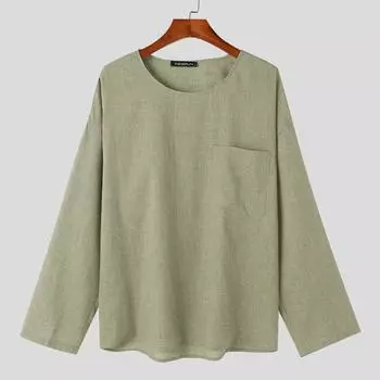 INCERUN Мужские осенние топы с круглым вырезом и длинным рукавом, однотонные повседневные майки S зелёный