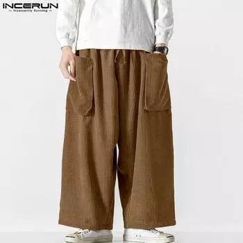 INCERUN мужские осенние вельветовые брюки с эластичной резинкой на талии, повседневные однотонные прямые широкие брюки S чёрный