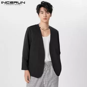 INCERUN Мужские открытые офисные пиджаки с длинным рукавом Тонкие куртки S чёрный